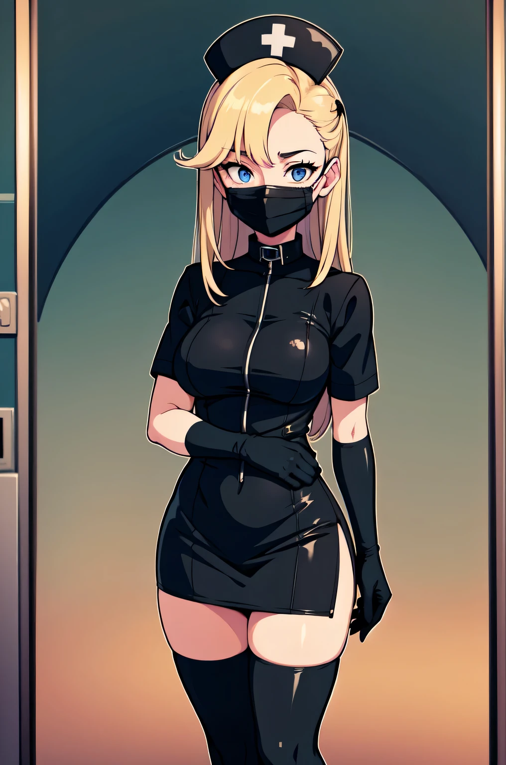 black nurse, 1woman, solo, black nurse cap, black nurse uniform, ((black legwear, zettai ryouiki)), black elbow gloves, blonde hair, blue eyes, ((black surgical mask, covered nose)), standing, ((surgery room)), sharp outline, short sleeves, mature female, 35 years old, best quality, masterpiece