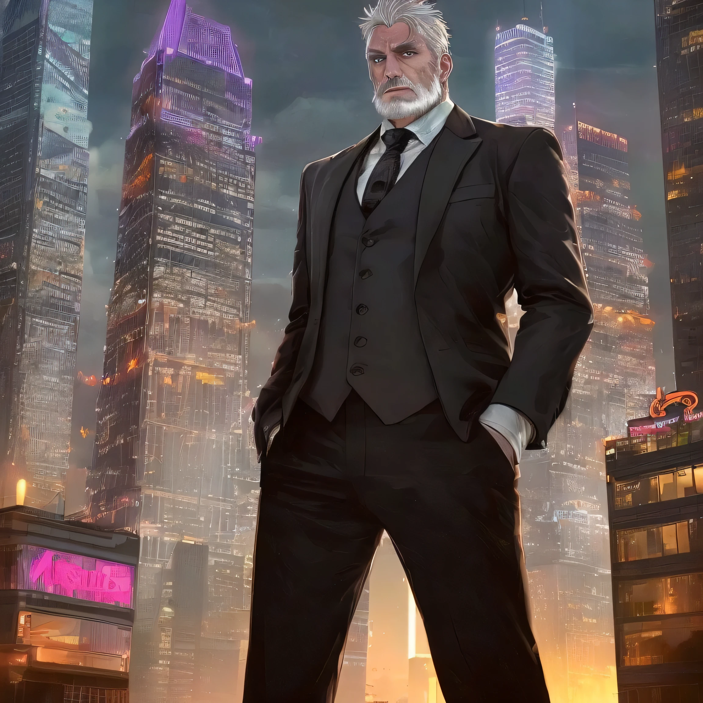 (best quality,realistic),tired but alert adult man,weathered appearance,good physical condition,gray hair,dye hair completely white,serious expression,intense gaze,deep-set eyes,prominent cheekbones,facial hair,stubble on face,wrinkles on forehead and around eyes,wearing a tailored suit and tie,standing in a power pose,confident stance,against a backdrop of a bustling cityscape at sunset,streets filled with glowing neon lights,cars passing by with long light trails,impressive architecture with towering skyscrapers,prominent landmark buildings in the distance,clouds in the sky painted with warm tones of orange and purple,the man lit by the warm light of the setting sun,casting long shadows on the ground,creating a dramatic atmosphere that highlights his determination and resilience.