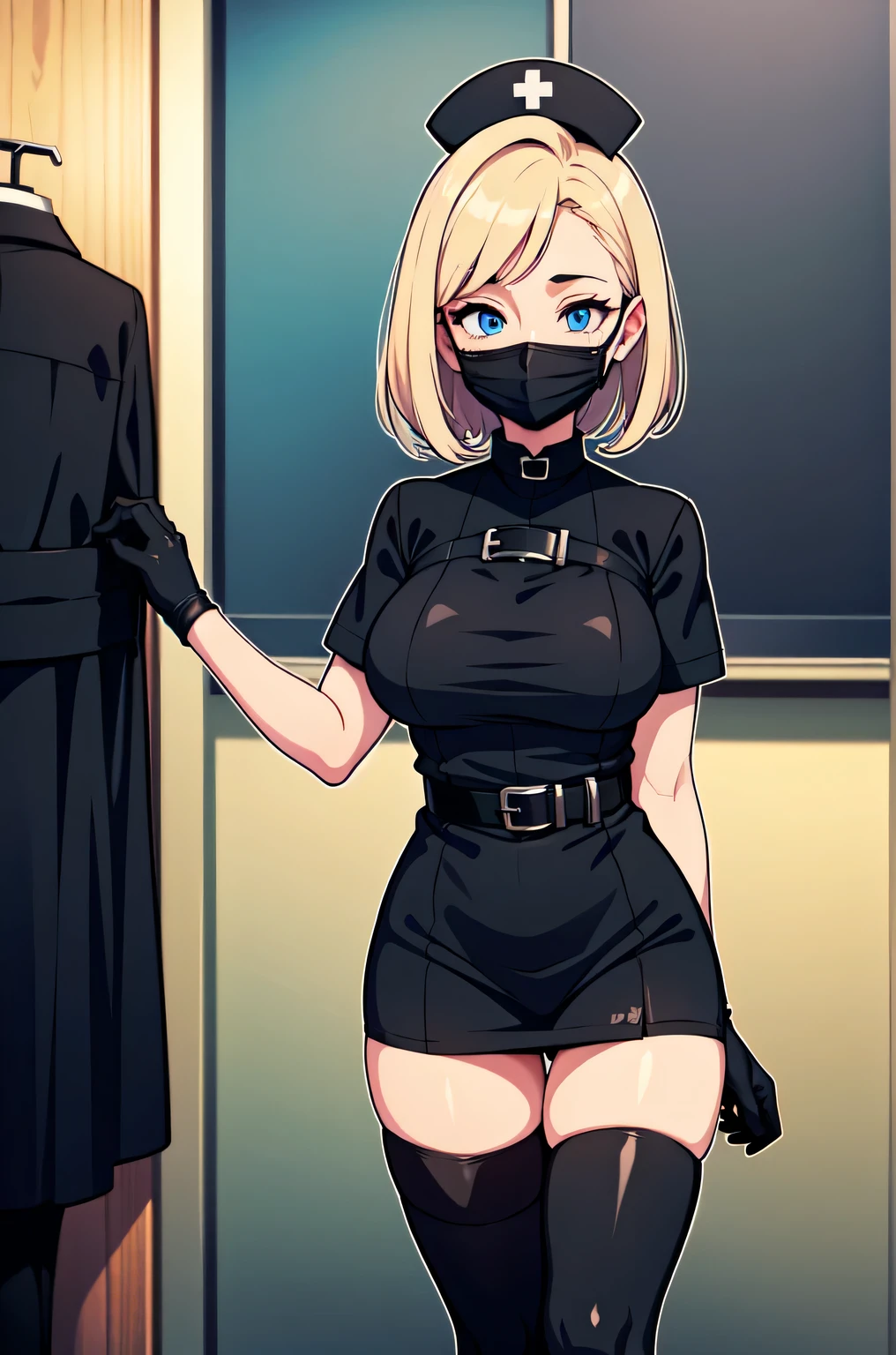 black nurse, 1woman, solo, black nurse cap, black nurse uniform, ((black legwear, zettai ryouiki)), black elbow gloves, blonde hair, blue eyes, ((black surgical mask, covered nose)), standing, ((surgery room)), sharp outline, short sleeves, mature female, 35 years old, best quality, masterpiece