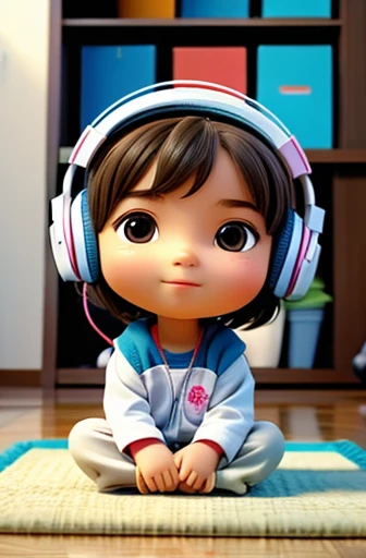 Uma de 6 anos, sozinha, sitting on the floor, em um tapete de sala, desenhando em um caderno, usando headphone.