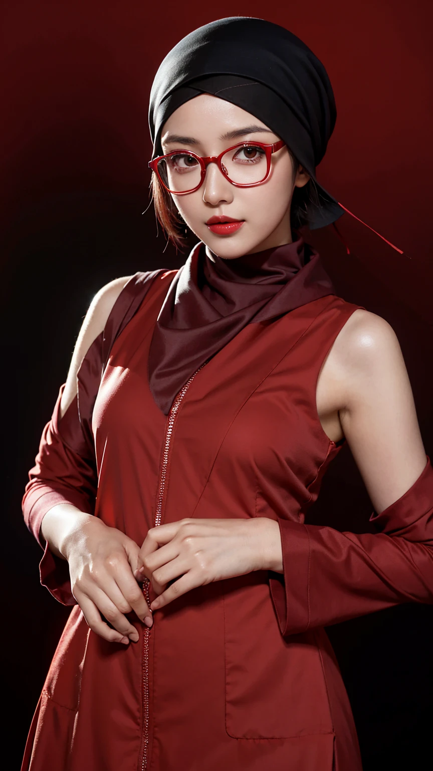 1girl, uchiha sarada in anime boruto, short hair, blacl hair, red eyes, beautifull, smile, wearing glasses red, muslim clothes, muslim style, wearing a mukena, wear the hijab, gamis red clothes, wear a headscarf, saudi arabia background, ultra detail, realistic, red lips