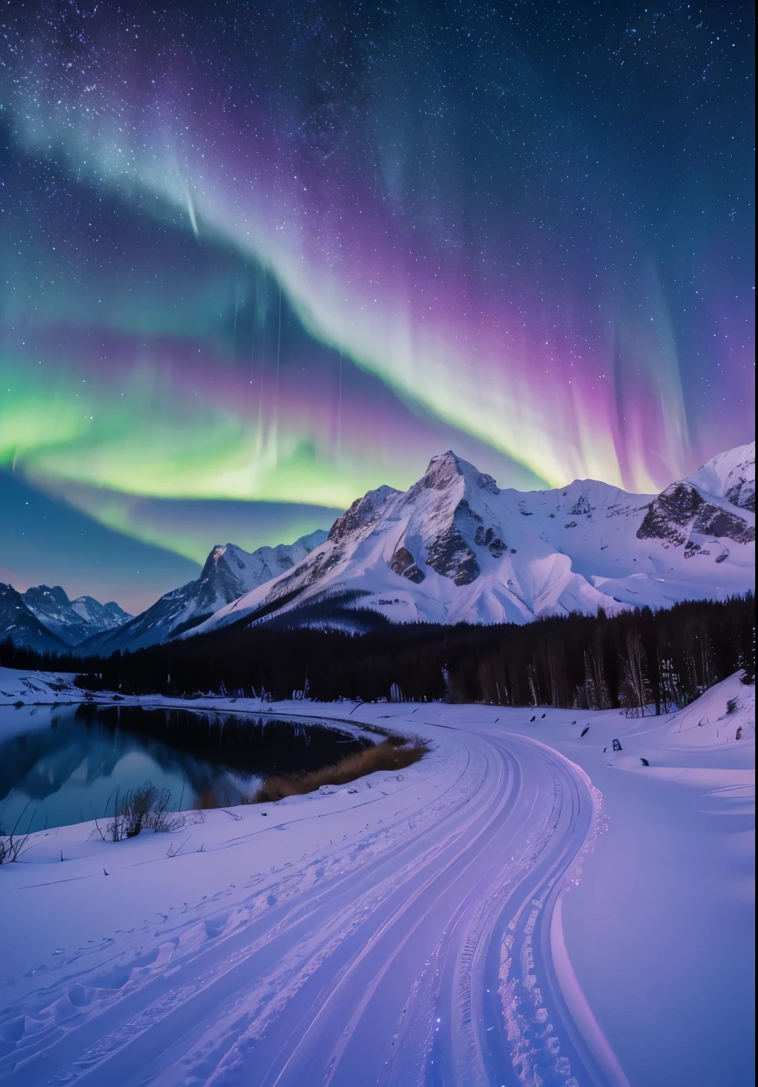 Light purple aurora in white snow, snow mountains, rivers, snowstorms, colorful stars twinkling, illusory engine, 4K HD,HD