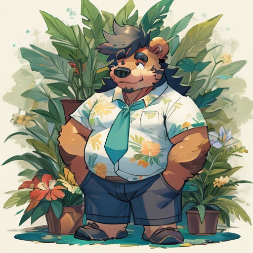 Crie uma obra de arte digital no estilo pop art, featuring a morbidly obese bear, chubby, extremely thick thighs, large belly, wearing a tie and unbuttoned white t-shirt ,socks and sleeping shorts,, Plantas, Sozinho, Macho, velho, maduro, sobrepeso, cabelo cinza, cabelo curto, bigode, peito peludo, pelo marrom, corpo marrom, urso, Pesado, grande, grande, cinematic color scheme, surrounded by vintage flower patterns, energetic strokes,the climate must be dynamic, tronco, desenho, illustration, escala de cinza, tropical, fruit fertilizer, fertilizer plants, Muitas flores, Vetor, pintura, fundo de profundidade, inspirado em Shiba Kokan, Front view image