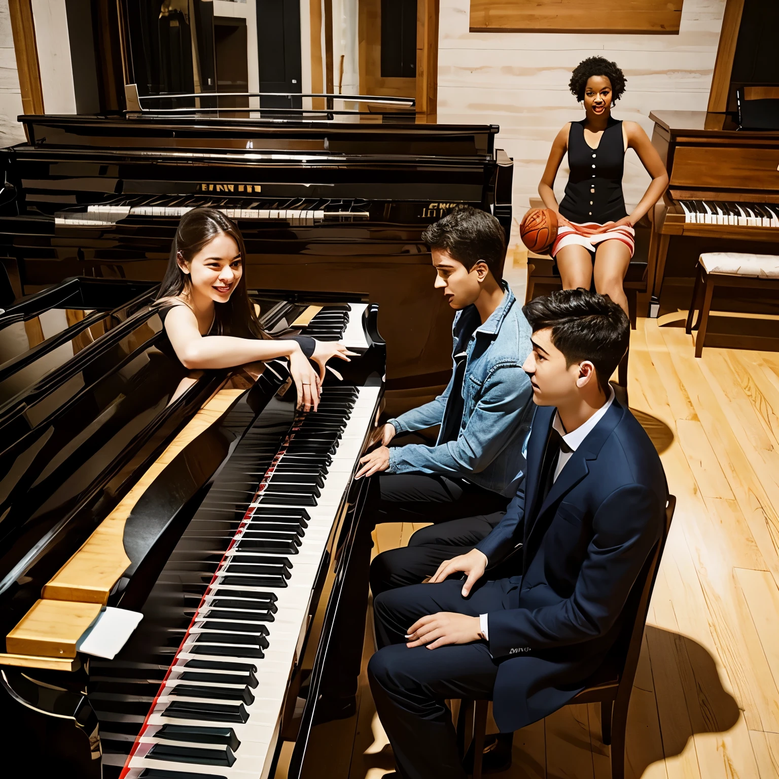 2 basketballs, one piano, 3 people, high graphic