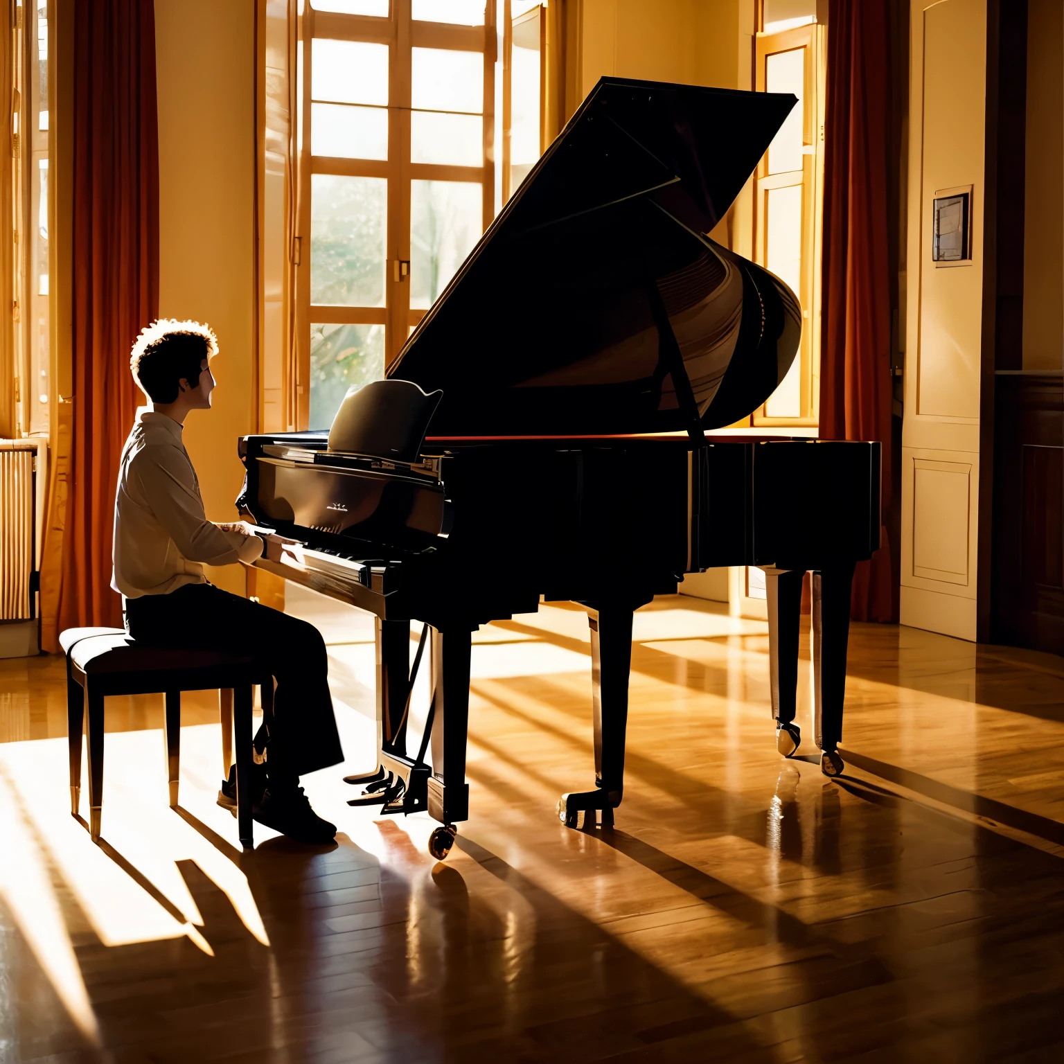 2 basketballs, one piano, 3 people, high graphic
