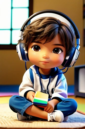 Um garoto de 8 anos,  sozinho,  sitting on the floor, em um tapete de sala, desenhando em um caderno, usando headphone.