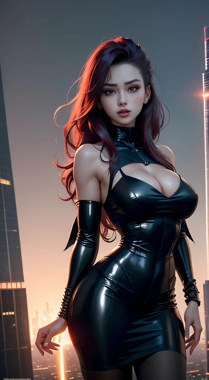 (best quality), (masterpiece), (photorealistic), (realistic), super detailed, unity 8k wallpaper, highly detailed cg, ray tracking, sharp shadows, great detail, depth of field, super detailed background, cyberpunk vampire girl, latex, (Resting at the top of a skyscraper, she looks up at the new moon with an ecstatic expression and is cloaked in a thin red mist.) :1.6, Future city, On top of the city's tallest skyscraper, wispy new moon, side shot, wide shot, steeple, (A vampire in a futuristic city observes people from the shadows and from the mist on the night of the new moon in search of prey. Cloaked in fog, she tracks her prey with bright red eyes and pointed fangs. A resounding scream, but no one hears it.) :0.6,, wearing bra,((skinny waist)), young asian girl, ((big breasted)),