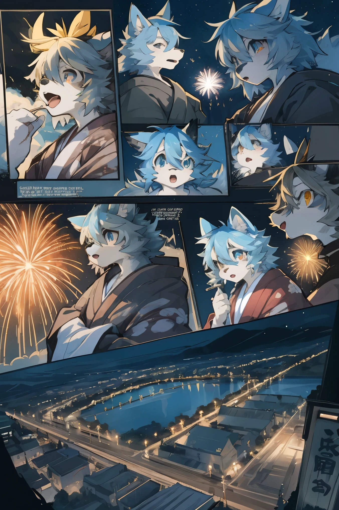 top quality, best quality, highres, masterpiece, super high resolution, detailed background, lake, nigh sky, firework, japanese yukata, 6+boys, 6+girls, absurdres(highly detailed beautiful face and eyes)perfect ???????, good lighting, cinematic shadow(kemono, furry anthro)assorted expressions, assorted poses, assorted angles, full body, upper shot, dynamic angle(girls comic-like panel layouts, speech balloon, English text, Hand-drawn sound effects stickers used in girls comic),
