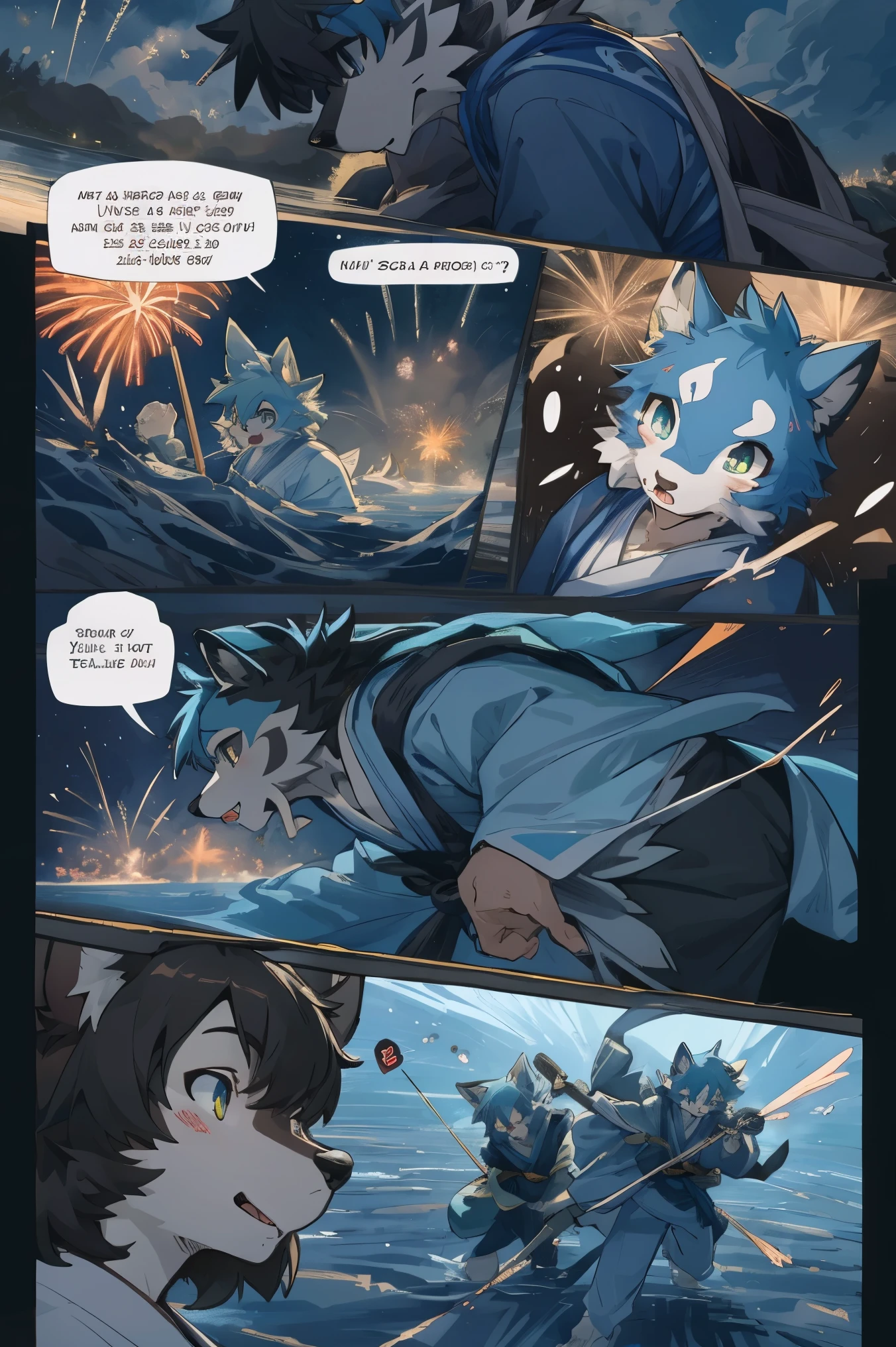 top quality, best quality, highres, masterpiece, super high resolution, detailed background, lake, nigh sky, firework, japanese yukata, 6+boys, 6+girls, absurdres(highly detailed beautiful face and eyes)perfect anatomy, good lighting, cinematic shadow(kemono, furry anthro)assorted expressions, assorted poses, assorted angles, full body, upper shot, dynamic angle(girls comic-like panel layouts, speech balloon, English text, Hand-drawn sound effects stickers used in girls comic),