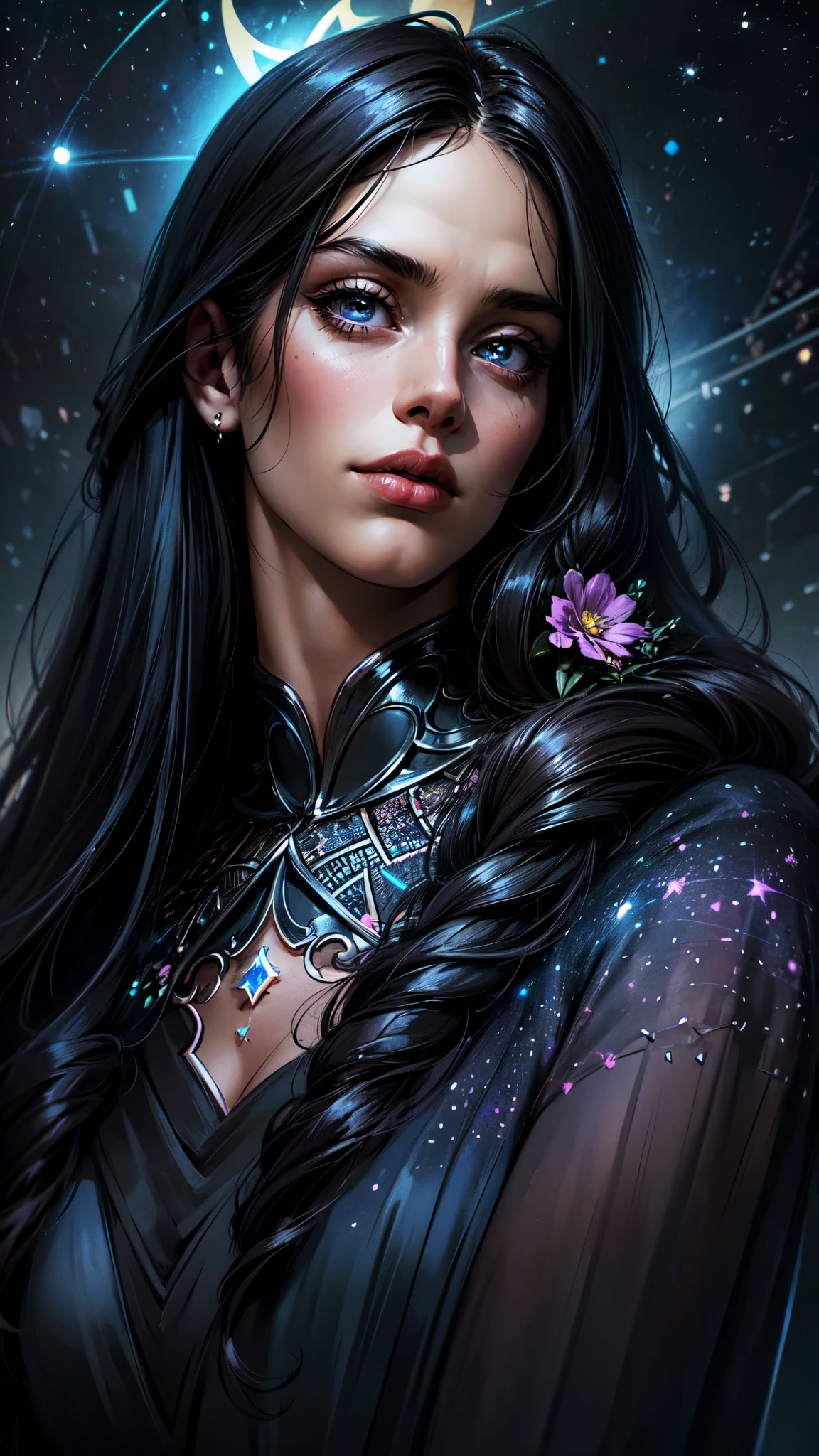  High resolution CG image with a beautiful woman with long black hair with bright violet eyes like detailed constellations, retratados em detalhes fascinantes. rosto delicado, lips closed, boca fechada (Dutch angle), rosto avermelhado, His delicate body is accurately represented at every angle. Ela possui longos cabelos preto que caem suavemente sobre seu vestido. The upper part of his body is sculpted to perfection. " detailed face, detailed eyes, full body, neon colors, background is full of stars and flowers