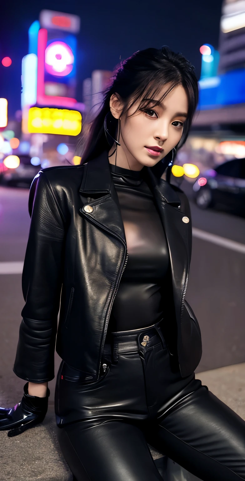 black leather rider jacket, office in the dark, Fingertips of black leather gloves on both hands,wearing black leather gloves,sitting in a black leather chair、 Japanese female new employee (black leather gloves cover both hands) (The angle is horizontal)、black leather leather pants,black leather black leather pants,black leather skinny pants、Long black leather boots on both feet、black hair ponytail ((He wears black leather gloves on his hands))full body photo,full body shot full body full body leather suit,☺If you turn in this direction。wearing black leather gloves,wearing black leather gloves,wearing black leather gloves,wearing black leather gloves,wearing black leather gloves,wearing black leather gloves,黒のレザーパンツが美しい😍黒のレザーパンツが美しい😍黒のレザーパンツが美しい,😍I'm smiling while looking at you,city lights、((neon cyberpunk city street:1.3))、(neon light)、detailed lighting、
best image quality、ultra high resolution、(realism:1.4)、korean beauty star、The most beautiful KPOP stars、face、horny korean makeup、A body that makes you want to touch it、realistic leather texture、Costume made of smooth leather fabric、The drape of the curved parts of the leather fabric、The costume has a strong shine、costume quality、8K photo quality