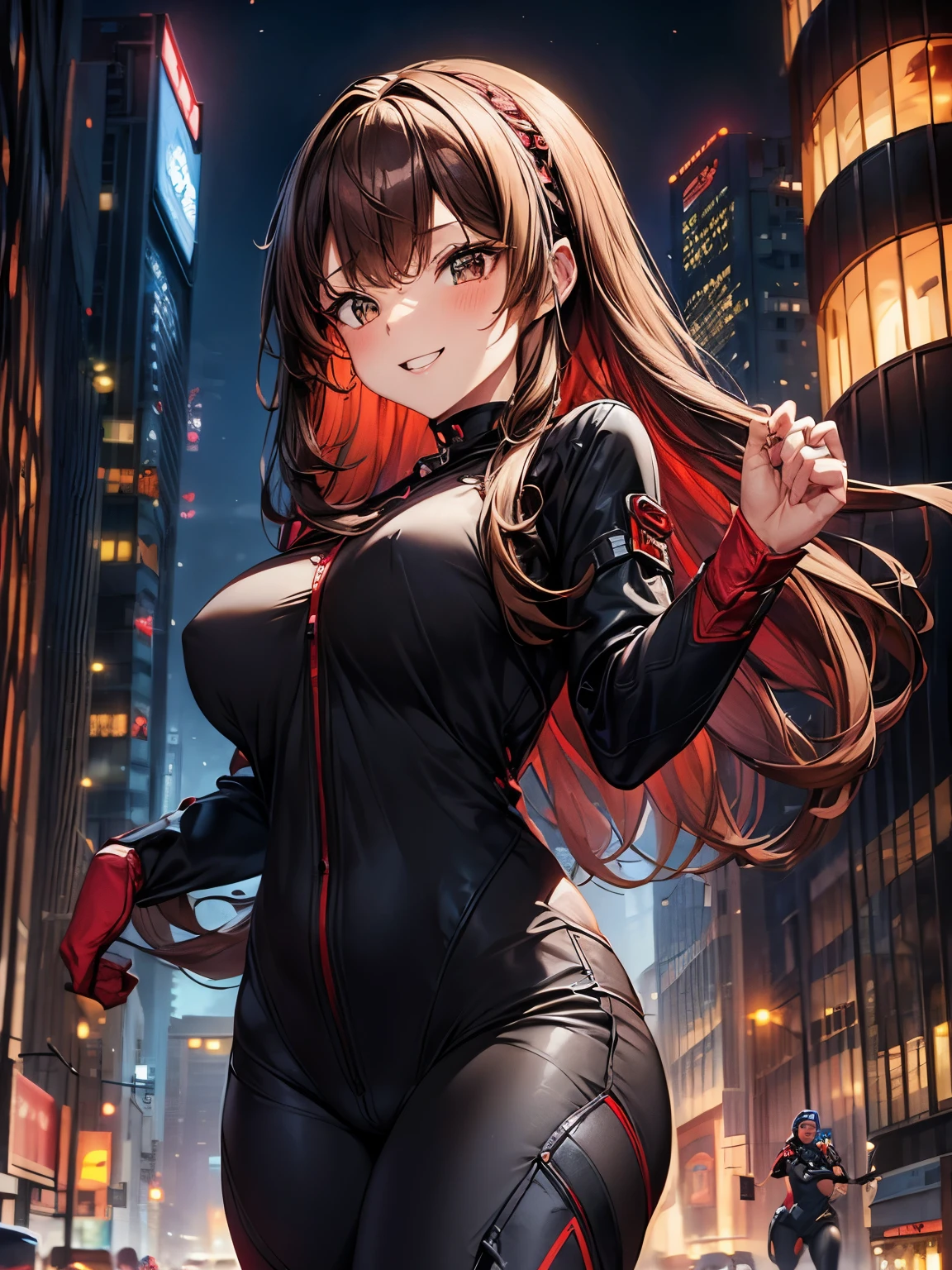 highest quality、complete limbs、Beautiful woman、solo、((brown haired woman:1.4))、((A woman with a tied hairstyle))、big breasted woman、(((A woman wearing a black and red cyber suit:1.3)))、big smile、skyscrapers at night、((Woman running))