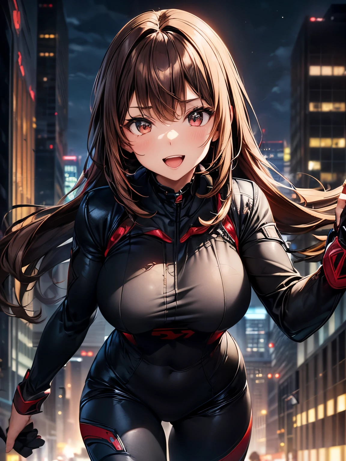 highest quality、complete limbs、Beautiful woman、solo、((brown haired woman:1.4))、((A woman with a tied hairstyle))、big breasted woman、(((A woman wearing a black and red cyber suit:1.3)))、big smile、skyscrapers at night、((Woman running))