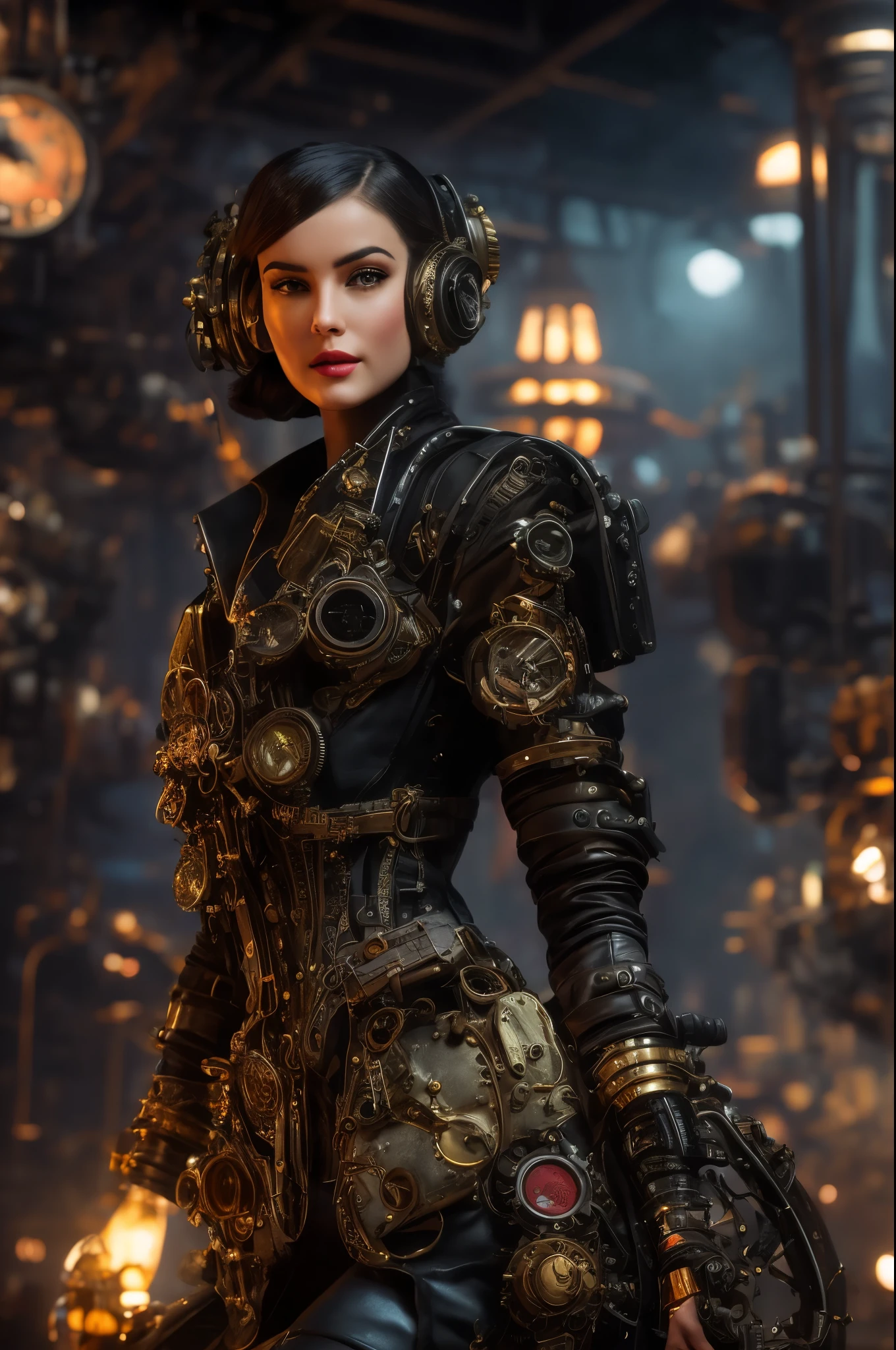 In the world of retro-futurism, behold an ultra-realistic portrayal of a pin-up engineer donning a captivating steampunk Victorian dress. As intricate gears spin harmoniously in the background, the atmospheric lighting casts a smoky haze upon the industrial setting, accentuating the mesmerizing metal textures and bringing forth a sense of wonder. The engineer's detailed expressions, complemented by a rich color palette, captivate the viewer's gaze. Surrounding the protagonist, a complex background scenery unfolds, showcasing a dramatic perspective and fantastical inventions, all intricately designed mechanical contraptions and neo-Victorian fashion. Adorned with leather goggles and brass accessories, the engineer's portrait exudes an air of confidence and creativity. This masterpiece