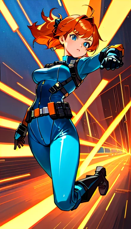 1girl ((32year old, dressed in a tight futuristic sci-fi bodysuit, utility belt, boots, medium breasts, short orange hair, pony tail styled hair, perfect model body:1.3, detailed blue eyes:1.5)) attack action, face close-up, action with impact, full body, perspective composition, exaggerated composition, perfect composition, perfect eyes, large perspective, dynamic composition, background is city, neon, night