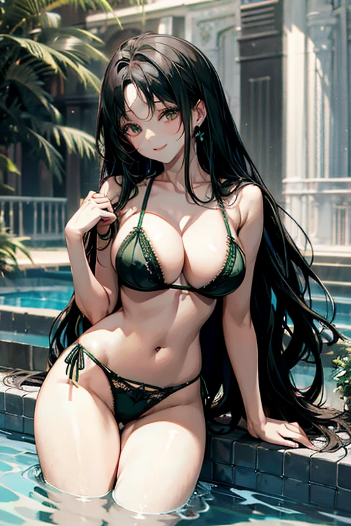 Black hair, long hair, white eyes, sexy, large breasts, beautiful body, masterpiece, smile, ((green lingerie)), sexy lingerie, hotel swimming pool,busty, buxom, curvy, voluptuous