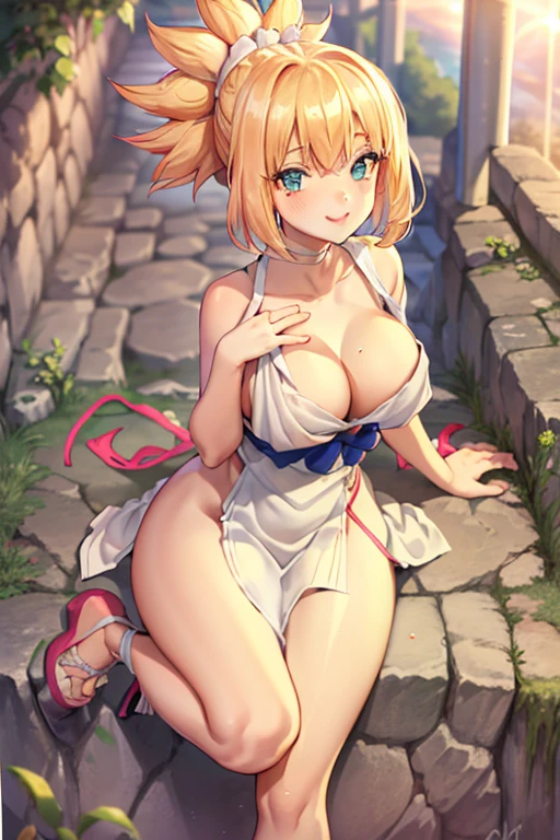 1girl, solo, kohaku, pink short hair, (:1.3), (white apron), large breasavage, thfe background, (blushing:1.2), smiling