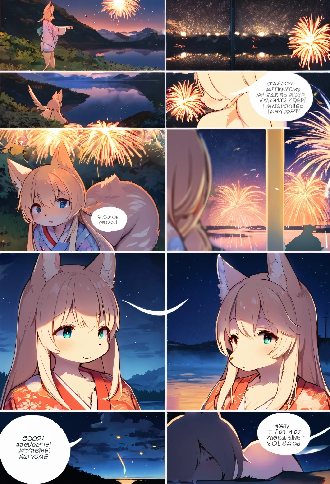 top quality, best quality, highres, masterpiece, super high resolution, detailed background, lake, nigh sky, firework, japanese yukata, absurdres, perfect anatomy, good lighting, cinematic shadow(1girl, kemono, furry anthro)assorted expressions, assorted poses, assorted angles, full body, upper shot, dynamic angle(girls comic-like panel layouts, speech balloon, English text, Hand-drawn sound effects stickers used in girls comic),