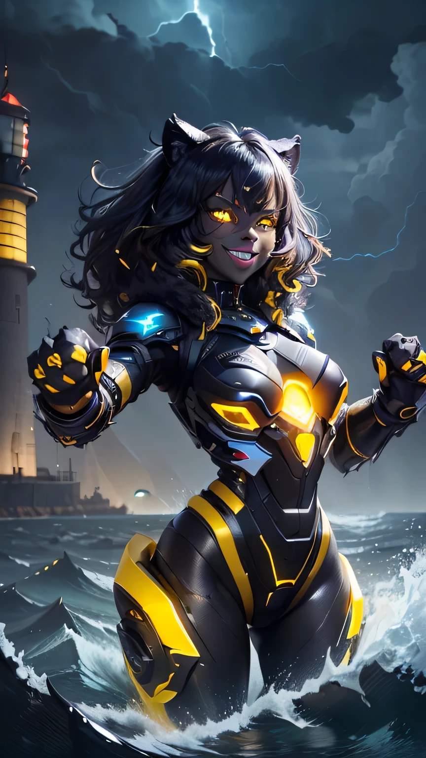 《masterpiece》, 《best quality》, 《ultra-detailed》,
'(((1girl)))', cute, '(((augmented cyborg)))', '((((dark skin))))', '((((black fur))))', '((((glowing yellow eyes))))', '((((black exoskeleton))))', '((((black hair color))))', messy hair, '(((supple body)))', '(((scorching body)))', '(((sharp nails)))', '(((black protruding hair ornament:1.0)))', '((((fused with panther))))',
'(((((evil smile)))))', '((((open mouth))))', '(((villain)))',
'((((beckoning cat pose))))',
'(((Lighthouse)))', '(((Dark clouds are gathering)))', '((((Rough seas))))',