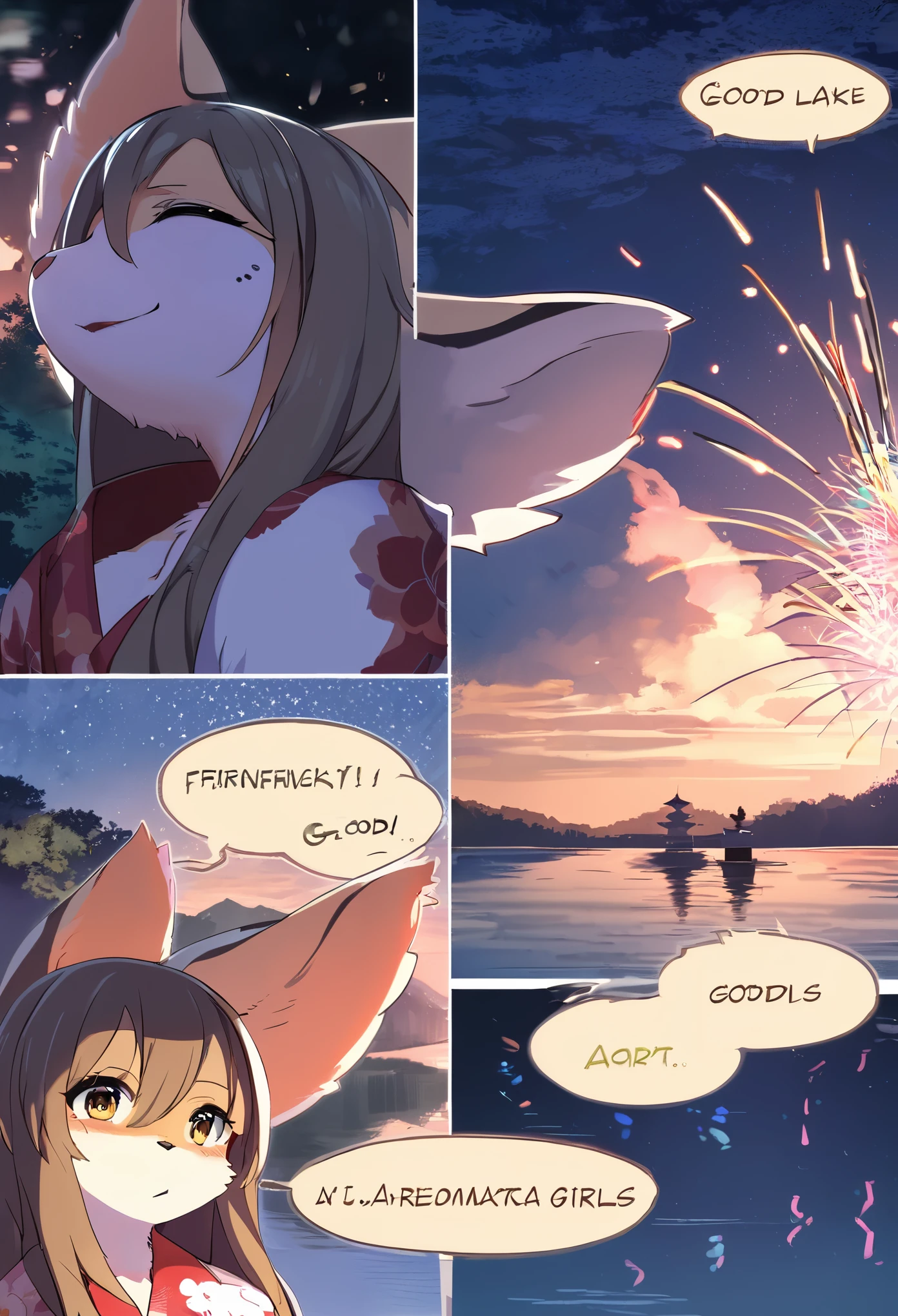 top quality, best quality, highres, masterpiece, super high resolution, detailed background, lake, nigh sky, firework, japanese yukata, absurdres, perfect anatomy, good lighting, cinematic shadow(1girl, kemono, furry anthro)assorted expressions, assorted poses, assorted angles, full body, upper shot, dynamic angle(girls comic-like panel layouts, speech balloon, English text, Hand-drawn sound effects stickers used in girls comic),