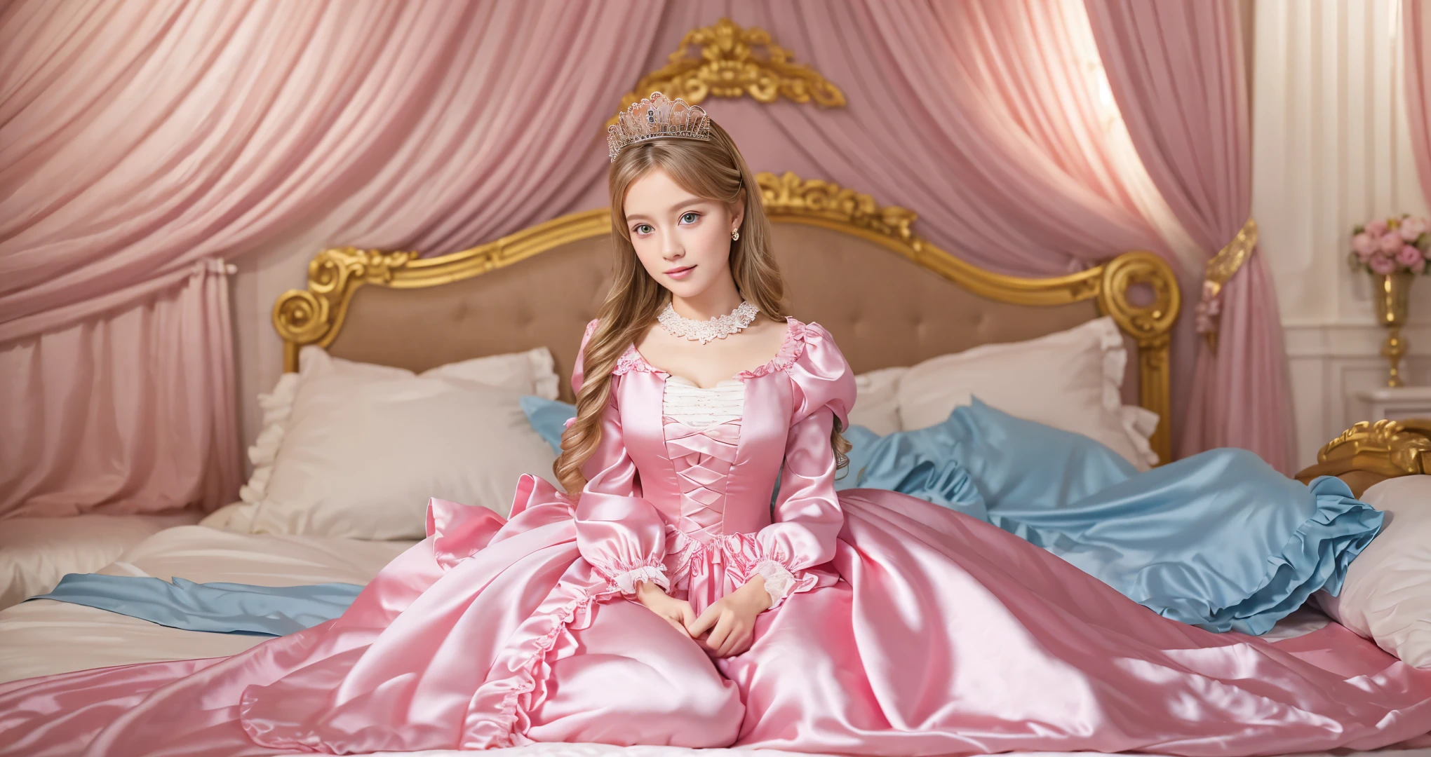 ,highest quality, masterpiece, highest resolution, artwork, super それにget used to it, many get used to it, get used to it, それにget used to it, 3K realistic photos,,(( When I was 10 years old)),Super detailed baby face,She is a princess,Full length ball gown dress with hoop skirt,ruffled yoke collar,puff sleeves,long sleeve,((lolita style hot pink princess satin dress、Comes with lots of frills and ribbons。)),colorful rococo fashion,shiny satin dress,Soft and smooth fabric,luxury,long blonde hair,blue eyes,white skin european,pajamas,((inside the palace)),,,(( When I was 10 years old)),Super detailed baby face,Full length ball gown dress with hoop skirt,long skirt,ruffled yoke collar,puff sleeves,腰まで伸びるlong blonde hair,blue eyes,white skin european,pajamas,((inside the palace bedroom)),ピンクのシルクサテンのluxuryなcanopy bedの上,canopy bed,Luxurious curtains on both sides of the bed,many frilly pillows on the bed,super detailed background,detailed bed,romantic atmosphere,little princess is sitting on the bed,,((((Both legs are hidden in the dress)))),the dress is spread out on the bed,big round dress,soft pink silk satin comforter,soft silk satin ruffled pillow,Beautiful girl illustration,detailed beautiful face detailed hair,detailed human eye ,detailed mouth, arm details,fine hands,Detailed pillow,many pillows piled up,