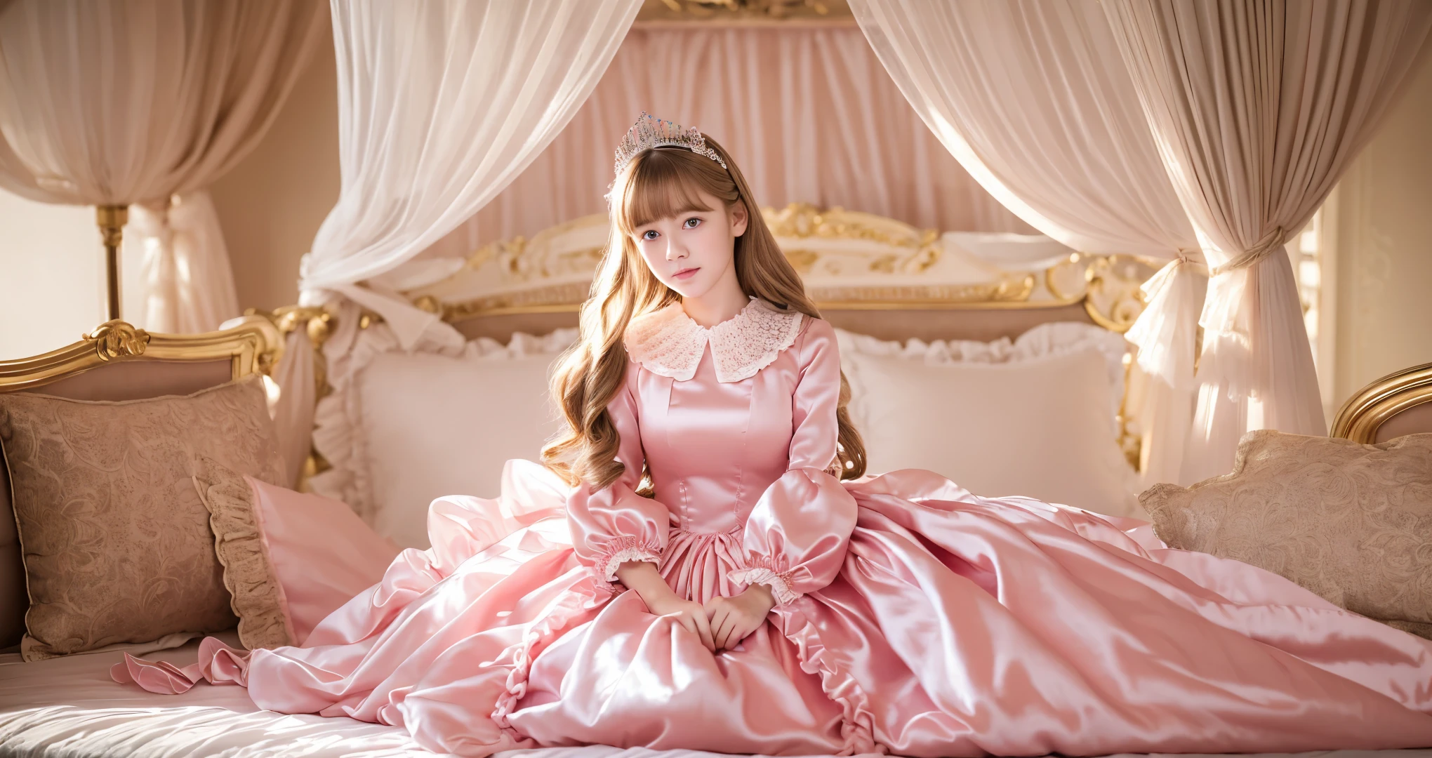 ,highest quality, masterpiece, highest resolution, artwork, super それにget used to it, many get used to it, get used to it, それにget used to it, 3K realistic photos,,(( When I )),Super detailed baby face,She isss,Full length ball gown dress with hoop skirt,ruffled yoke collar,puff sleeves,long sleeve,((lolita style hot pink princess satin dress、Comes with lots of frills and ribbons。)),colorful rococo fashion,shiny satin dress,Soft and smooth fabric,luxury,long blonde hair,blue eyes,white skin european,pajamas,((inside the palace)),,,(( When I was 10 years old)),Super ce,Full length ball gown dress witirt,long skirt,ruffled yoke collar,puff sleeves,腰まで伸びるlong blonde hair,blue eyes,white skin european,pajamas,((inside the palace bedroom)),ピンクのシルクサテンのluxuryなcanopy bedの上,canopy bed,Luxurious curtains on both sides of the bed,many frilly pillows on the bed,super detailed background,detailed bed,romantic atmosphere,little princess is sitting on the bed,,((((Both legs are hidden in the dress)))),the dress is spread out on the bed,big round dress,soft pink silk satin comforter,soft silk satin ruffled pillow,Beautiful girl illustration,detailed beautiful face detailed hair,detailed human eye ,detailed mouth, arm details,fine hands,Detailed pillow,many pillows piled up,