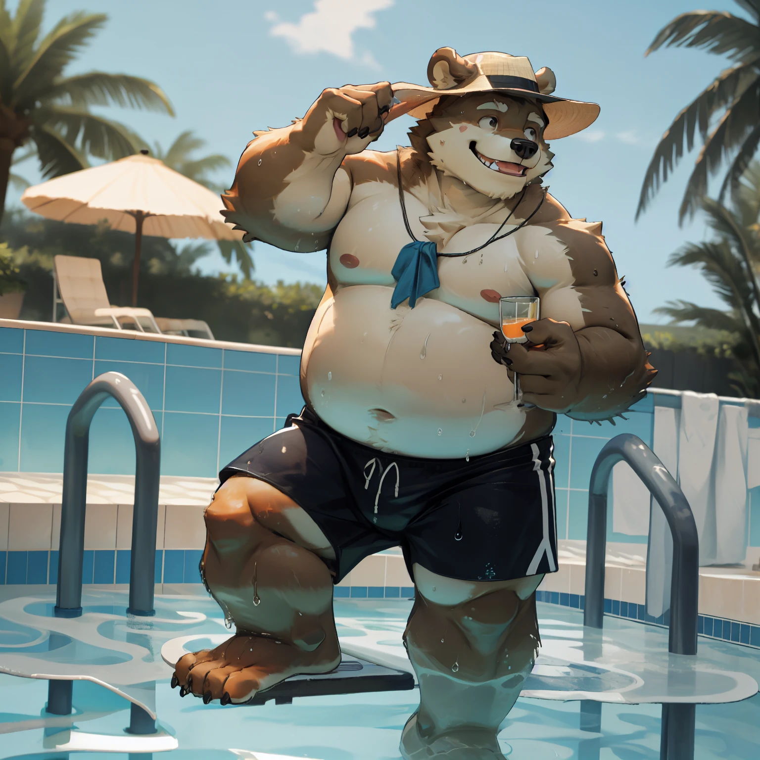 New Jersey 5 Hairy, Bear，full body portrait, male,exquisite， chubby，thick arms，plush fur，front，stand，sun hat，Naked from the waist down，Beach Shorts，swimming pool，play with water，stand，sweating，Smile