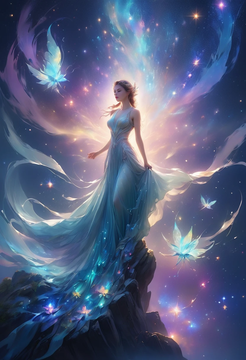 1 girl, (3D sculpture，A woman in a long dress stands on a cliff looking at the stars, space goddess, galaxy goddess, goddess in heaven, Astral ethereal, Dreamy, Beautiful celestial mage, beautiful fantasy painting, beautiful fantasy art, Ethereal fantasy, very beautiful fantasy art, digital art fantasy, Charming and otherworldly, fantasy beauty, Beautiful Art Ultra HD 4K Presented by Octane，Volumetric light，natural soft light，), (Super exquisite:1.2, Loss of focus:1.2, Very colorful, Cinema lighting, chiaroscuro,Ray tracing), masterpiece, super rich,super detailed,8K, 3ddianshang\(style\)