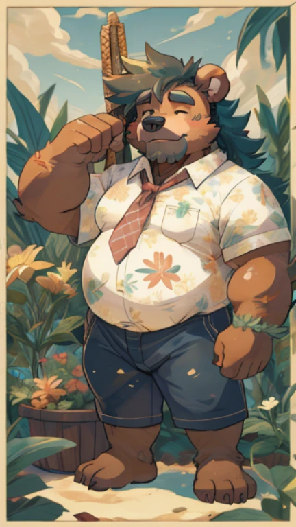 Crie uma obra de arte digital no estilo pop art, featuring a morbidly obese bear, chubby, extremely thick thighs, large belly, wearing a tie and unbuttoned white t-shirt ,socks and sleeping shorts,, Plantas, Sozinho, Macho, velho, maduro, sobrepeso, cabelo cinza, cabelo curto, bigode, peito peludo, pelo marrom, corpo marrom, urso, Pesado, grande, grande, cinematic color scheme, surrounded by vintage flower patterns, energetic strokes,the climate must be dynamic, tronco, desenho, illustration, escala de cinza, tropical, fruit fertilizer, fertilizer plants, Muitas flores, Vetor, pintura, fundo de profundidade, inspirado em Shiba Kokan, Front view image