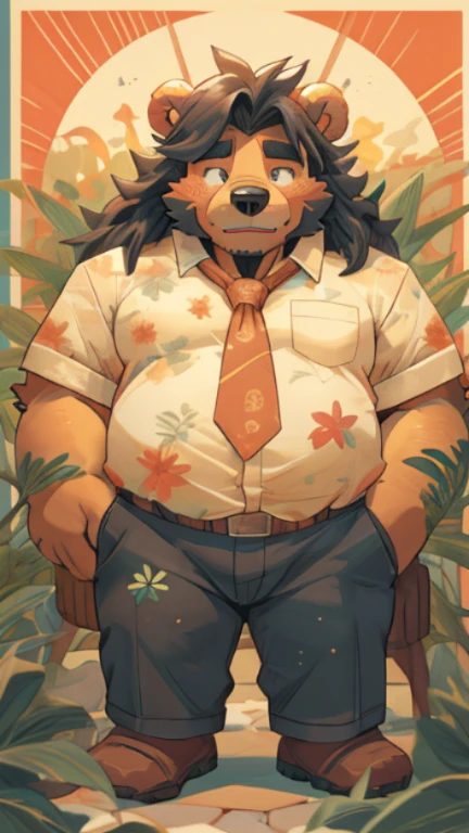Crie uma obra de arte digital no estilo pop art, featuring a morbidly obese bear, chubby, extremely thick thighs, large belly, wearing a tie and unbuttoned white t-shirt ,socks and sleeping shorts,, Plantas, Sozinho, Macho, velho, maduro, sobrepeso, cabelo cinza, cabelo curto, bigode, peito peludo, pelo marrom, corpo marrom, urso, Pesado, grande, grande, cinematic color scheme, surrounded by vintage flower patterns, energetic strokes,the climate must be dynamic, tronco, desenho, illustration, escala de cinza, tropical, fruit fertilizer, fertilizer plants, Muitas flores, Vetor, pintura, fundo de profundidade, inspirado em Shiba Kokan, Front view image