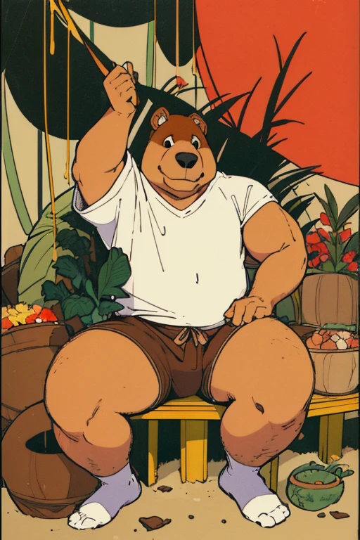 Crie uma obra de arte digital no estilo pop art, featuring a morbidly obese bear, chubby, extremely thick thighs, large belly, wearing a tie and unbuttoned white t-shirt ,socks and sleeping shorts,, Plantas, Sozinho, Macho, velho, maduro, sobrepeso, cabelo cinza, cabelo curto, bigode, peito peludo, pelo marrom, corpo marrom, urso, Pesado, grande, grande, cinematic color scheme, surrounded by vintage flower patterns, energetic strokes,the climate must be dynamic, tronco, desenho, illustration, escala de cinza, tropical, fruit fertilizer, fertilizer plants, Muitas flores, Vetor, pintura, fundo de profundidade, inspirado em Shiba Kokan, Front view image
