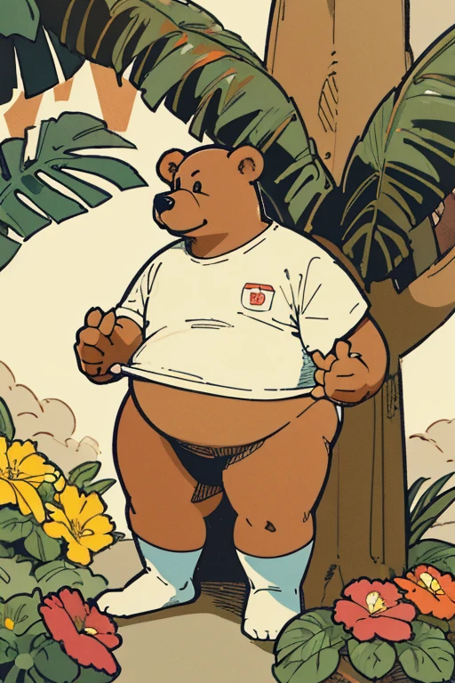 Crie uma obra de arte digital no estilo pop art, featuring a morbidly obese bear, chubby, extremely thick thighs, large belly, wearing a tie and unbuttoned white t-shirt ,socks and sleeping shorts,, Plantas, Sozinho, Macho, velho, maduro, sobrepeso, cabelo cinza, cabelo curto, bigode, peito peludo, pelo marrom, corpo marrom, urso, Pesado, grande, grande, cinematic color scheme, surrounded by vintage flower patterns, energetic strokes,the climate must be dynamic, tronco, desenho, illustration, escala de cinza, tropical, fruit fertilizer, fertilizer plants, Muitas flores, Vetor, pintura, fundo de profundidade, inspirado em Shiba Kokan, Front view image