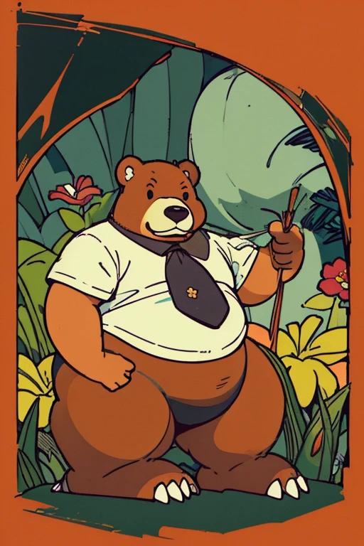 Crie uma obra de arte digital no estilo pop art, featuring a morbidly obese bear, chubby, extremely thick thighs, large belly, wearing a tie and unbuttoned white t-shirt ,socks and sleeping shorts,, Plantas, Sozinho, Macho, velho, maduro, sobrepeso, cabelo cinza, cabelo curto, bigode, peito peludo, pelo marrom, corpo marrom, urso, Pesado, grande, grande, cinematic color scheme, surrounded by vintage flower patterns, energetic strokes,the climate must be dynamic, tronco, desenho, illustration, escala de cinza, tropical, fruit fertilizer, fertilizer plants, Muitas flores, Vetor, pintura, fundo de profundidade, inspirado em Shiba Kokan, Front view image