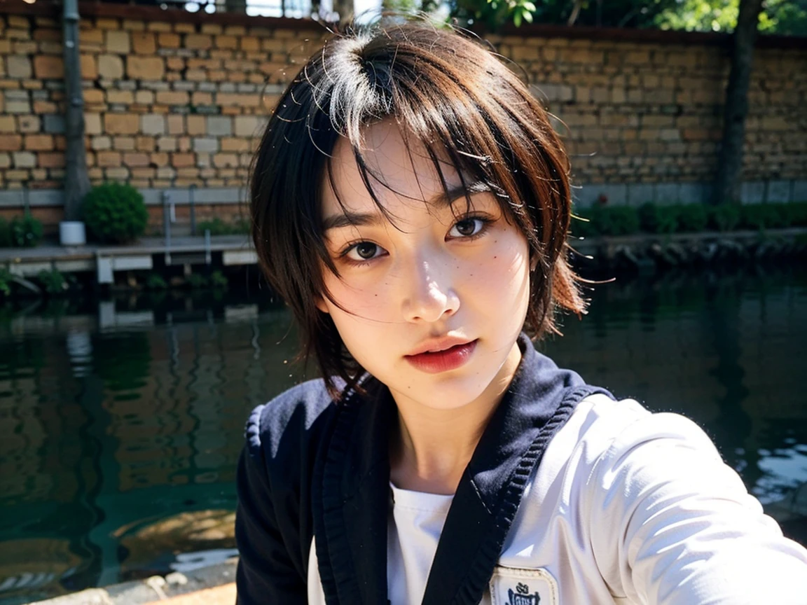 Realistic Photography, Beautiful Young Female ,Short hair ,river, extremely delicate and beautiful},Outstanding light and shadow, highly detailed wallpaper,Clear and bright sunlight, taking a selfie