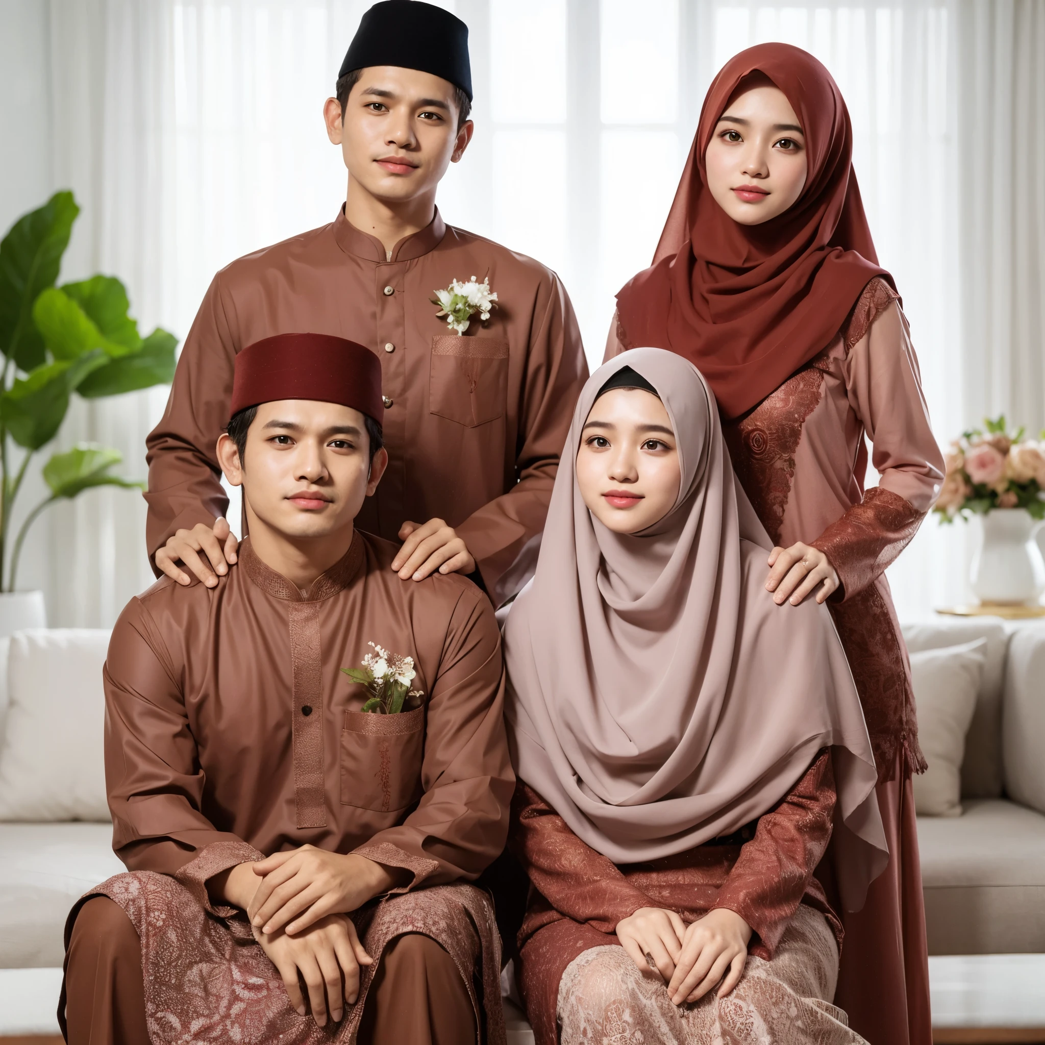 Family photo in Indonesia, four members. A pair of parents, aged 45, a teenage boy aged 25 and a teenage girl . They are wearing matching Malay-style Muslim clothes, floral patterned sarongs, and sharia-compliant long hijabs in the same harmonious reddish-brown color. It's a studio photo, bright living room, white lighting, Islamic decorations, green flower vases. Super detailed, realistic, ultra HD, 8K. 