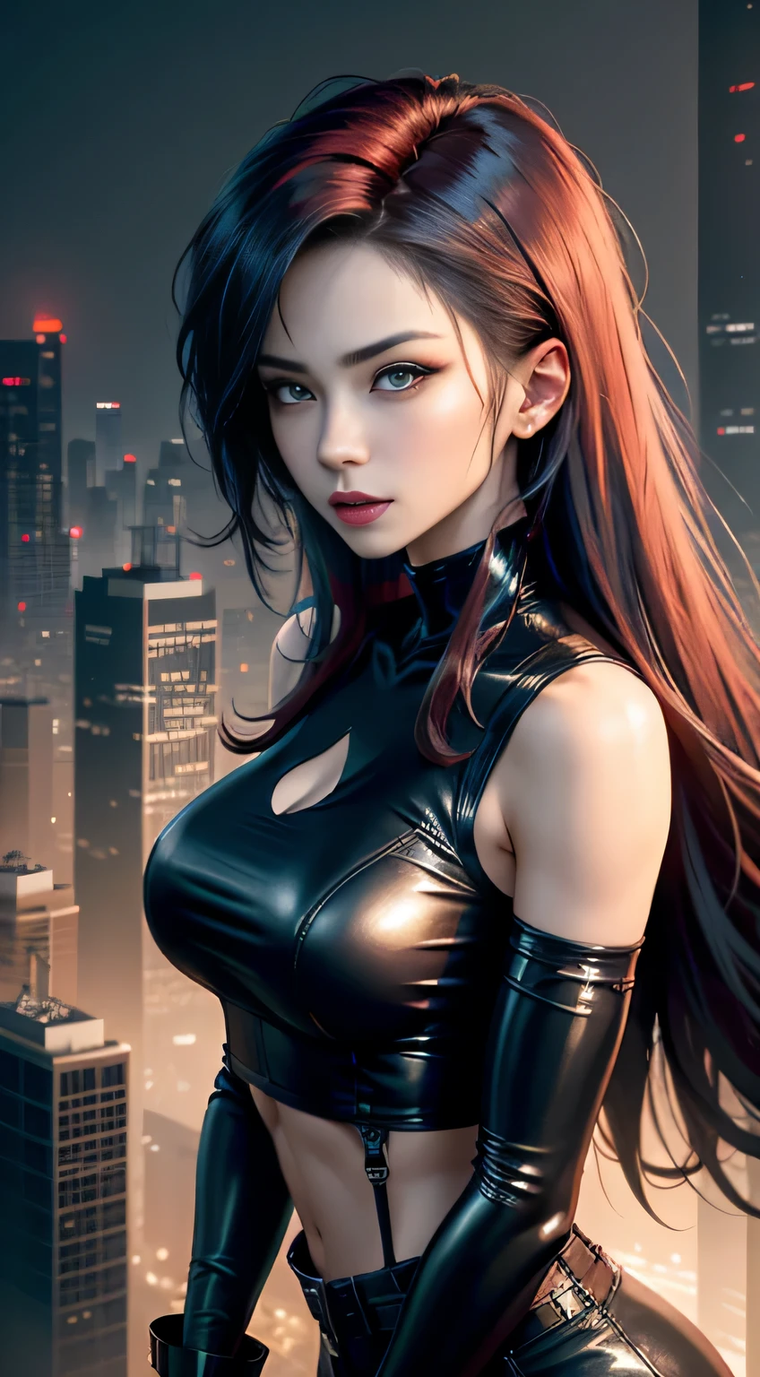 (best quality), (masterpiece), (photorealistic), (realistic), super detailed, unity 8k wallpaper, highly detailed cg, ray tracking, sharp shadows, great detail, depth of field, super detailed background, cyberpunk vampire girl, latex, (Resting at the top of a skyscraper, she looks up at the new moon with an ecstatic expression and is cloaked in a thin red mist.) :1.6, Future city, On top of the city's tallest skyscraper, wispy new moon, side shot, wide shot, steeple, (A vampire in a futuristic city observes people from the shadows and from the mist on the night of the new moon in search of prey. Cloaked in fog, she tracks her prey with bright red eyes and pointed fangs. A resounding scream, but no one hears it.) :0.6,, wearing bra,((skinny waist)), young asian girl, ((big breasted)),