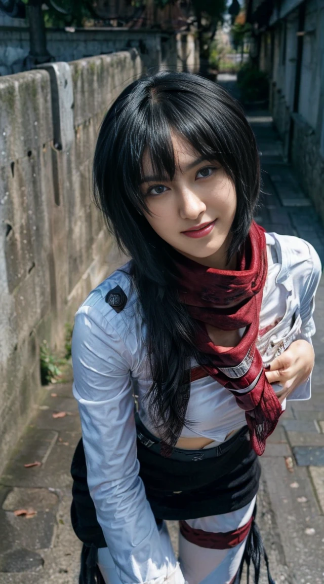 8K, Top Quality, Intricate Details, Ultra Detail, Ultra High Resolution, Masterpiece, random angle, mikasa ackerman,   Slender, Smile, (Makeup: 0.4), (Fluffy Blue Eyes: 1.21), blue Eyes,, ((full body)), 1girl, solo, 1 girl, (( full body)),  close-up shot,  , , ((tall)), (((fit body))), (((slim face))), sharp face, sharp eyes, (((black hair,  short hair, bangs ))  ,(detailed face), sharp face, small lips, thin lips, 
 ((red scarf, thigh strap)),  detailed face, detailed breast, , large breast, detail, , Beautiful girl with accentuated slender abs: 1.4, Six Pack Abs: 1.4, Bust Botox, Big, Perfect Body, detail leg, (( moonlight)), ocean