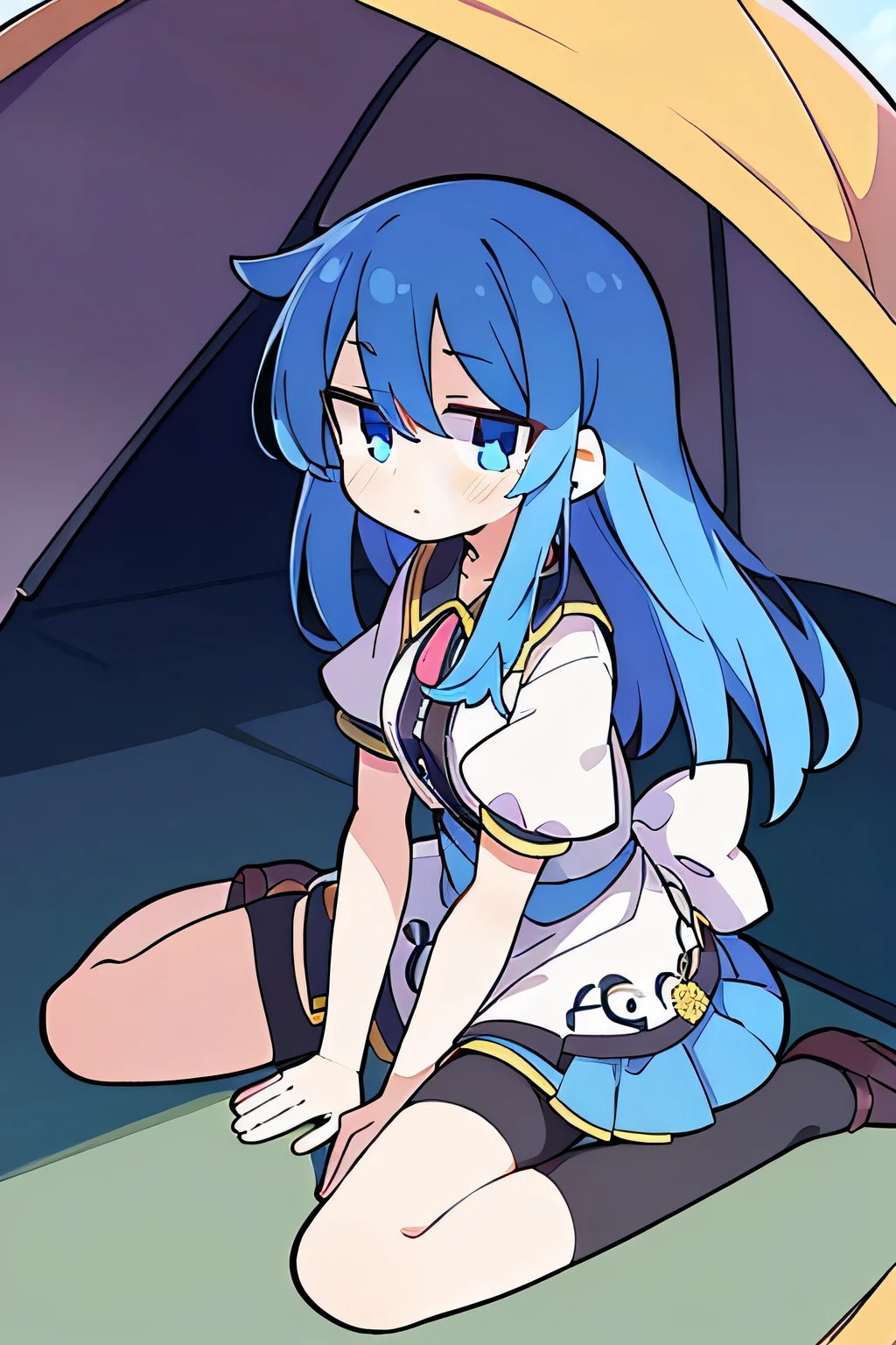 (masterpiece),best quality, expressive eyes, perfect face,sit, sit on ground, legs on the ground, 1girl,
big breasts, H cup, Good breasts, Put your hands on your waist,Fair, Gorgeous,japanese manga,girl,Laura,young angel, blue hair, blue haired,tent , tent chest, tent breast, floating clothes
