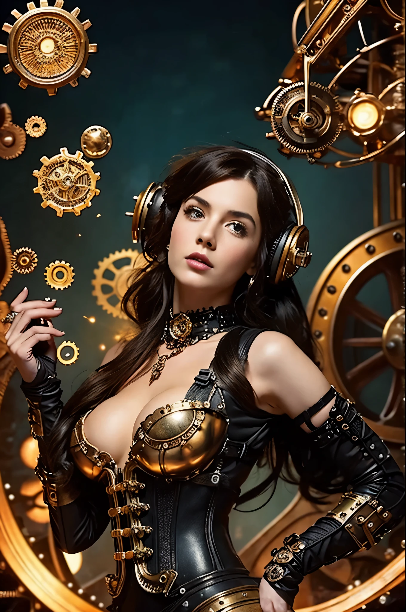 Create a mesmerizing image of a steampunk pin-up engineer in a Victorian-inspired outfit, surrounded by swirling gears and atmospheric steam. Emphasize intricate details like brass accessories and whimsical inventions, while capturing the engineer's confident expression and creative aura. Transport the viewer to a world where retro-futurism meets elegance, inviting them to explore the wonders of this fantastical realm.