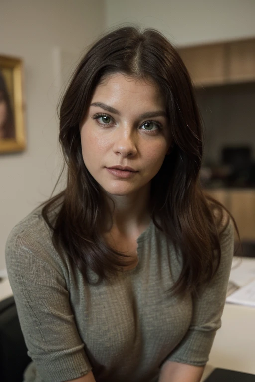 ((Mejor cMujer Completa, chica sexy con ojos cafe, , ultra realista, meticulosamente detallado, retrato de Ali Larter Cabello rubio y largo y ojos cafe grandes pecho grande., selfie de una mujer joven, en oficina , violeta myers, , maquillaje atractivo, looking directly at the camera, artegrama de la cara, maquillaje sutil, Impresionante foto de todo el cuerpo , en la oficina, permitiendo que la cara se vea claramente, retrato, Camisa color verde escotada, falda negra minifalda)), ((obra maestra)), (detallado), cara perfectaalidad)), ((obra maestra)), (detallado), cara perfecta