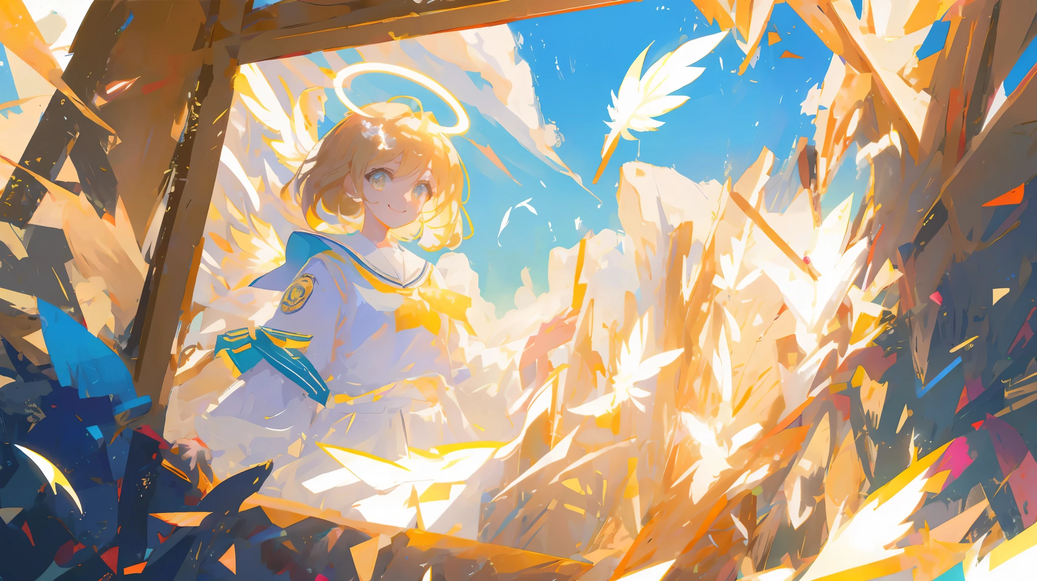 (masterpiece:1.2), best quality,pixiv,official art,perfect anatomy, (Ray tracing, light),solo, Masterpiece, best quality, super detailed, illustration, close-up, direct view, face focus, 1girl, look at the sky , JK uniform, golden hair , cyan eyes, smile, angel halo, feather wings, full body