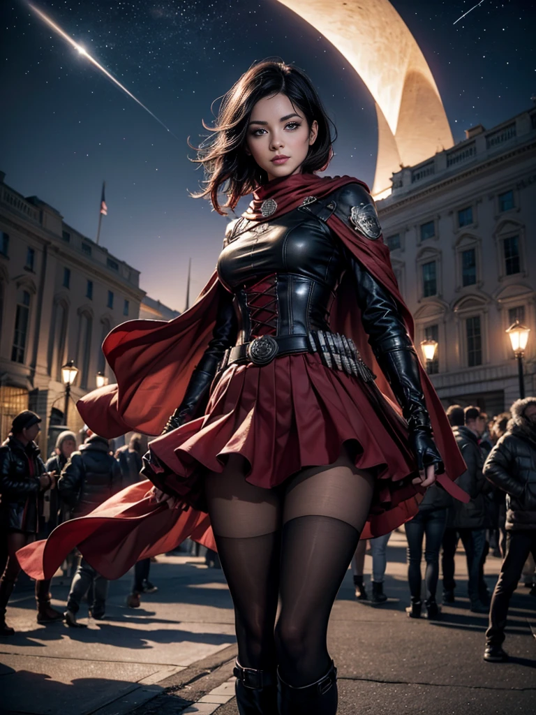 (masterpiece,stunning girlfriend, (standing:1.1), dynamic pose, heart shaped face,elegant face, beautiful face, highly detailed face, highly detailed skin, skin pores, subsurface scattering, realistic pupils, loving smile, looking at viewer, full lips, detailed background, depth of field, atmospheric perspective, volumetric lighting, sharp focus, absurdres, realistic proportions, good anatomy, (realistic, hyperrealistic:1.4), 16k hdr, 1girl,atlasrose, short black hair, gradient hair, grey eyes, red cape, white shirt, pantyhose, belt, red skirt, corset, thigh boots, fingerless gloves,masterpiece,best quality,extremely detailed, rose petals, wind, evening, [[moon]], stars, standing, in front of the white house, washington dc, night, stars, crowds 