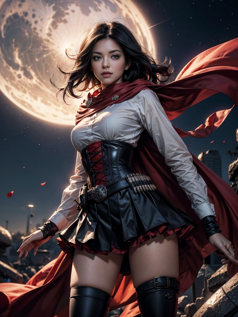 (masterpiece,stunning girlfriend, (standing:1.1), dynamic pose, heart shaped face,elegant face, beautiful face, highly detailed face, highly detailed skin, skin pores, subsurface scattering, realistic pupils, loving smile, looking at viewer, full lips, detailed background, depth of field, atmospheric perspective, volumetric lighting, sharp focus, absurdres, realistic proportions, good anatomy, (realistic, hyperrealistic:1.4), 16k hdr, 1girl,atlasrose, (short black hair), gradient hair, grey eyes, red cape, white shirt, pantyhose, belt, red skirt, corset, thigh boots, fingerless gloves,masterpiece,best quality,extremely detailed, rose petals, wind, evening, stars, standing, in front of the white house, washington dc, night, stars, crowds