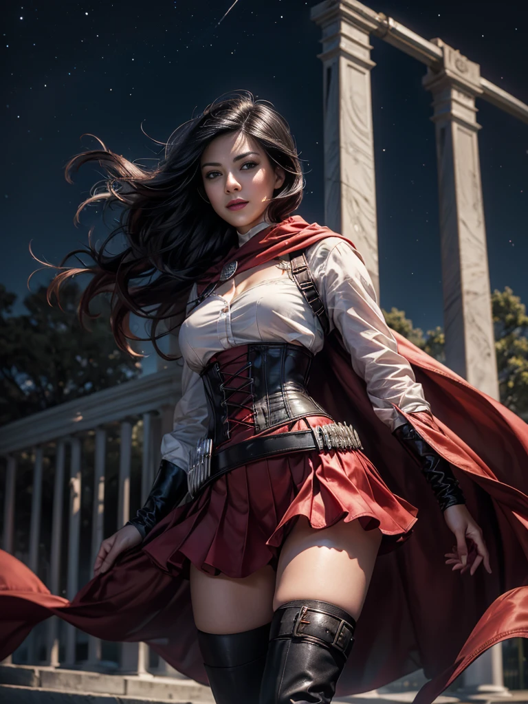 (masterpiece,stunning girlfriend, (standing:1.1), dynamic pose, heart shaped face,elegant face, beautiful face, highly detailed face, highly detailed skin, skin pores, subsurface scattering, realistic pupils, loving smile, looking at viewer, full lips, detailed background, depth of field, atmospheric perspective, volumetric lighting, sharp focus, absurdres, realistic proportions, good anatomy, (realistic, hyperrealistic:1.4), 16k hdr, 1girl,atlasrose, short black hair, gradient hair, grey eyes, red cape, white shirt, pantyhose, belt, red skirt, corset, thigh boots, fingerless gloves,masterpiece,best quality,extremely detailed, rose petals, wind, evening, [[moon]], stars, standing, in front of the white house, washington dc, night, stars, crowds 