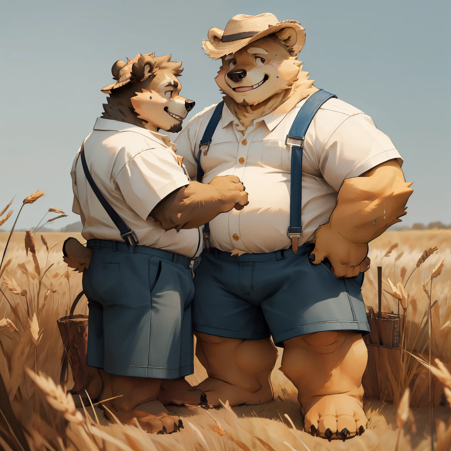 New Jersey 5 Hairy, Bear，full body portrait, male,exquisite， chubby，thick arms，plush fur，front，stand，straw hat，white shirt，Blue denim suspenders，wheat field，stand，sweating，Smile