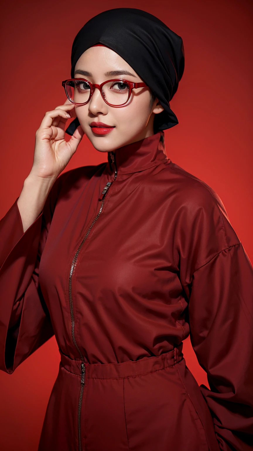 1girl, uchiha sarada in anime boruto, short hair, blacl hair, red eyes, beautifull, smile, wearing glasses red, muslim clothes, muslim style, wearing a mukena, wear the hijab, gamis red clothes, wear a headscarf, saudi arabia background, ultra detail, realistic, red lips