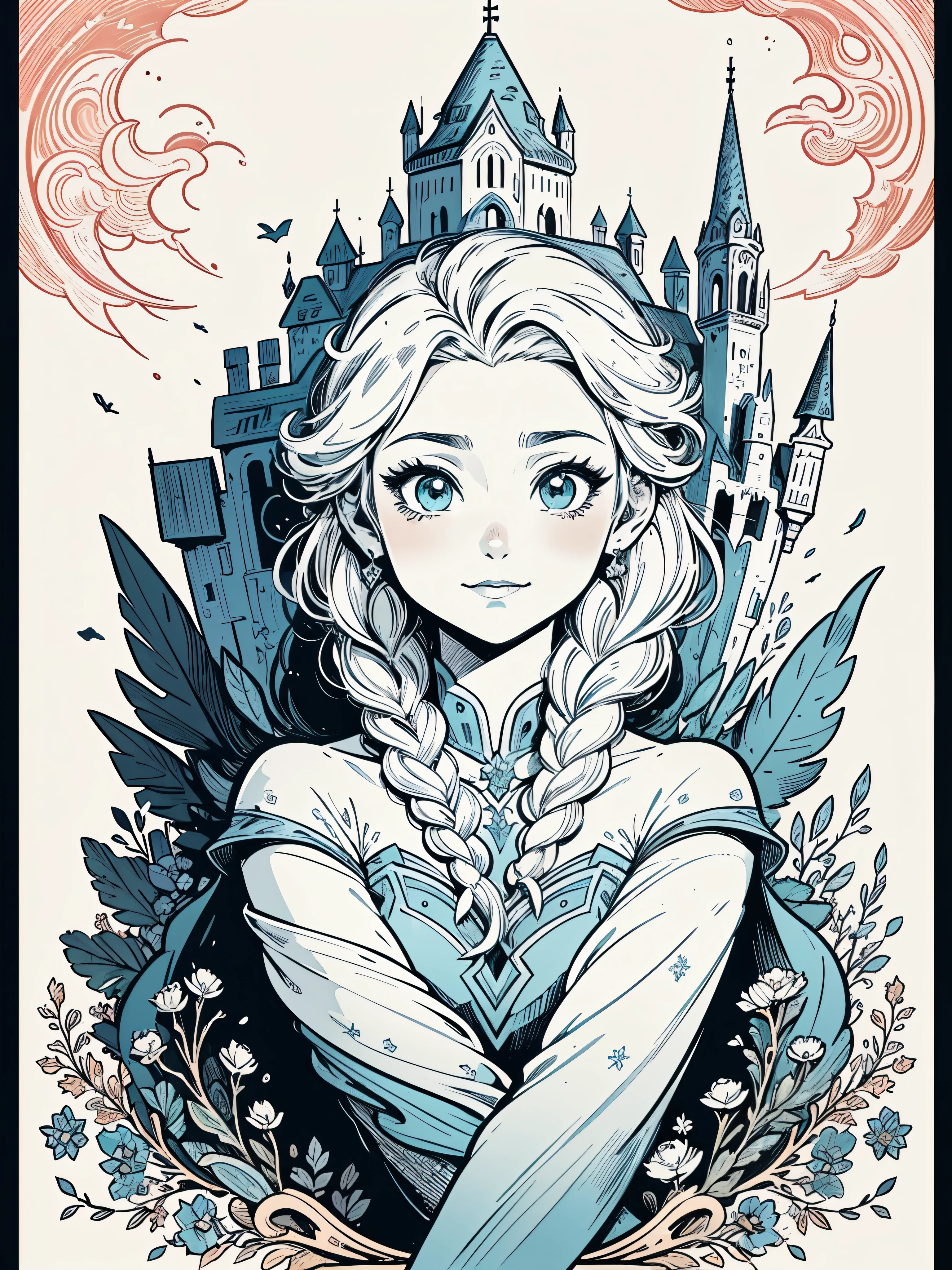 Frozen，Elsa（Elsa）Princess，With the Ice Palace；Decorative illustrations，Poster cover。colorful，Color coordination。Rich in details。Poster cover，illustration style，comic style，American comics，print style，Stroke，line drawing，thick lines。(masterpiece, best quality)