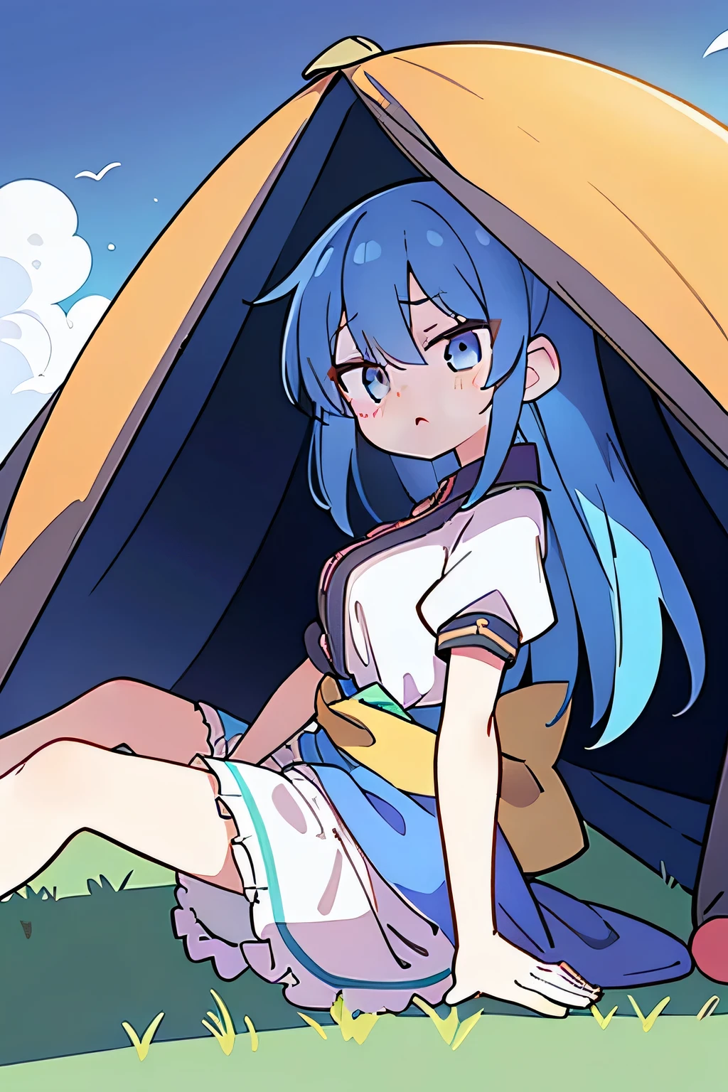 (masterpiece),best quality, expressive eyes, perfect face,sit, sit on ground, legs on the ground, 1girl,
big breasts, H cup, Good breasts, Put your hands on your waist,Fair, Gorgeous,japanese manga,girl,Laura,young angel, blue hair, blue haired,tent , tent chest, tent breast, floating clothes
