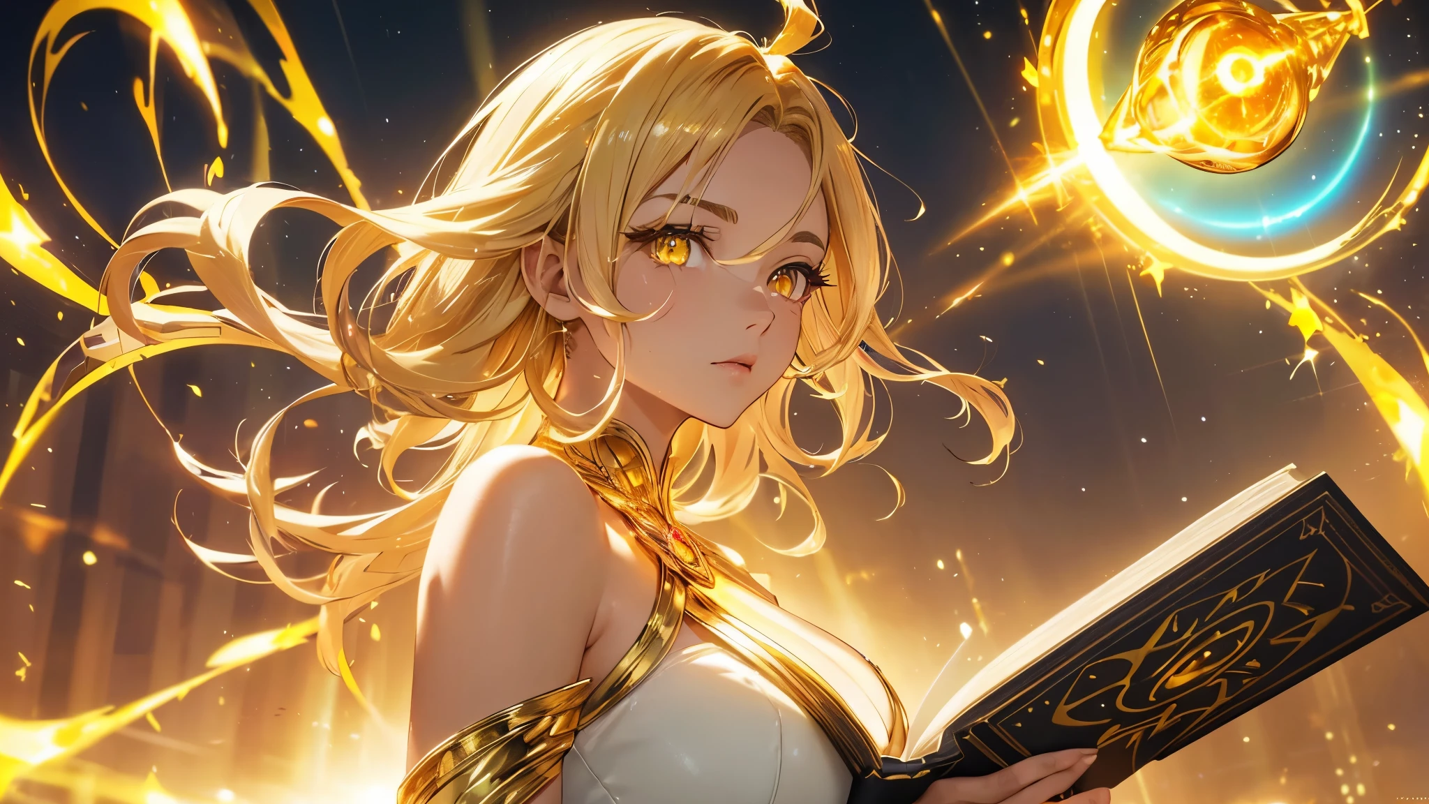 a goddess of wisdom, mature look, Toning the body, white skin, (Glowing clothing masterpiece:1.4), pure white fabric strapless tube top dress, luminous golden belt, luminous Golden arm Armor, golden leg armor, (a glowing sword-shaped figure appears on the back:1.5), (The left hand holds a glowing book:1.6), (((glowing beige white hair streaked luminous yellow hair))), (single sidelock short wavy hair), (hair strand), shiny hair, (((colored eyelashes and eyebrows))), (glowing yellow gradient amber eyes:1.2), (an upright golden eye on the forehead:1.4), some clouds swirling float behind shoulders, (((some floating luminous characters surround))), Random background, Random pose, Random expressions, Futurism, anime, god rays, ray tracing, reflection light, sparkle, motion blur, Ultra-Wide Angle, glowing light, UHD, masterpiece, super detail, best quality, retina, ccurate