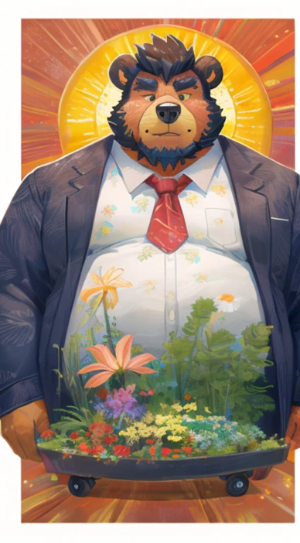 Crie uma obra de arte digital no estilo pop art, featuring a morbidly obese bear, chubby, extremely thick thighs, large belly, wearing a tie and unbuttoned white t-shirt ,socks and sleeping shorts,, Plantas, Sozinho, Macho, velho, maduro, sobrepeso, cabelo cinza, cabelo curto, bigode, peito peludo, pelo marrom, corpo marrom, urso, Pesado, grande, grande, cinematic color scheme, surrounded by vintage flower patterns, energetic strokes,the climate must be dynamic, tronco, desenho, illustration, escala de cinza, tropical, fruit fertilizer, fertilizer plants, Muitas flores, Vetor, pintura, fundo de profundidade, inspirado em Shiba Kokan, Front view image